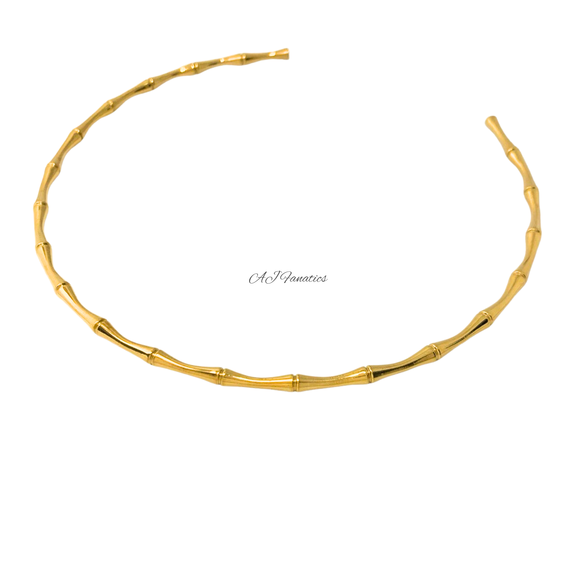 Forest Whisper Stainless Steel Gold Necklace in a sleek, open choker design with bamboo-inspired segments, displayed against a clean white background.