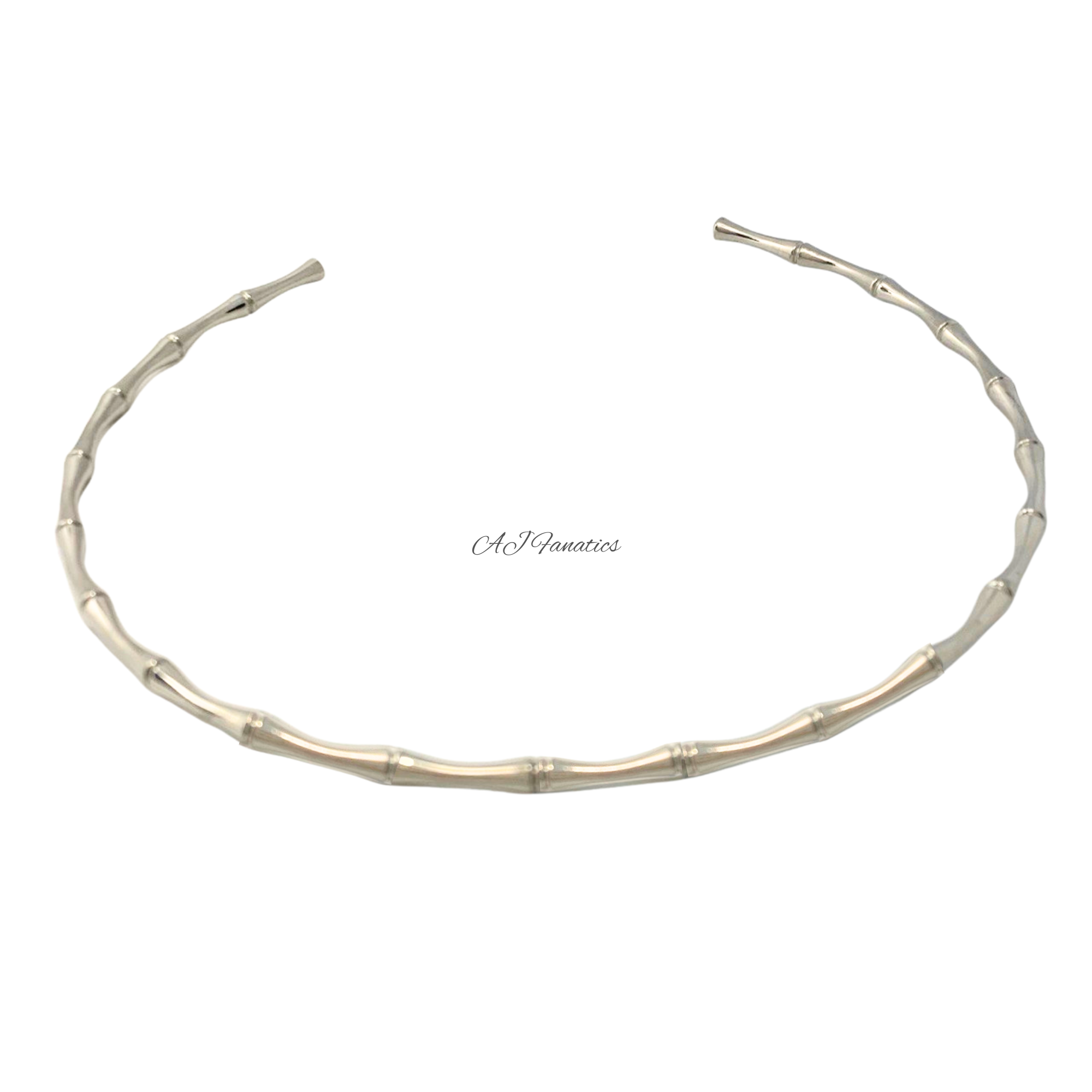 Forest Whisper Stainless Steel Silver Necklace from the Simplicity in Every Curve Collection, shown as an open, bamboo-textured silver collar on a clean white background.