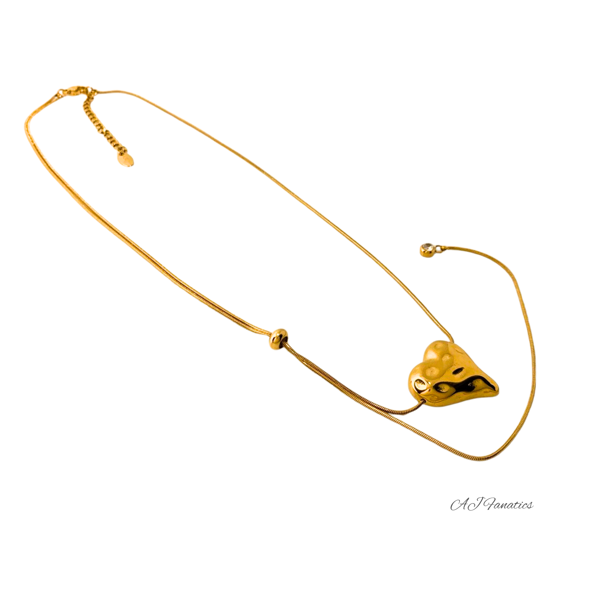 Gold stainless steel necklace with a molten-textured heart pendant and slim adjustable chain, shown on a white background, featuring a diamond‑tipped extender that can be worn at the back or side.
