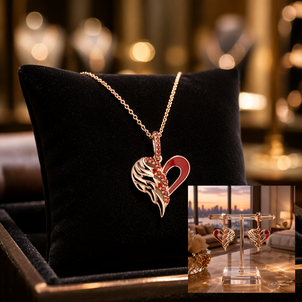 Heart Soarers 925 Silver Gift Set – Rose Gold Garnet Red Enamel Drop Earrings & Pendant Necklace featuring our winged-heart pendant necklace and matching drop earrings.