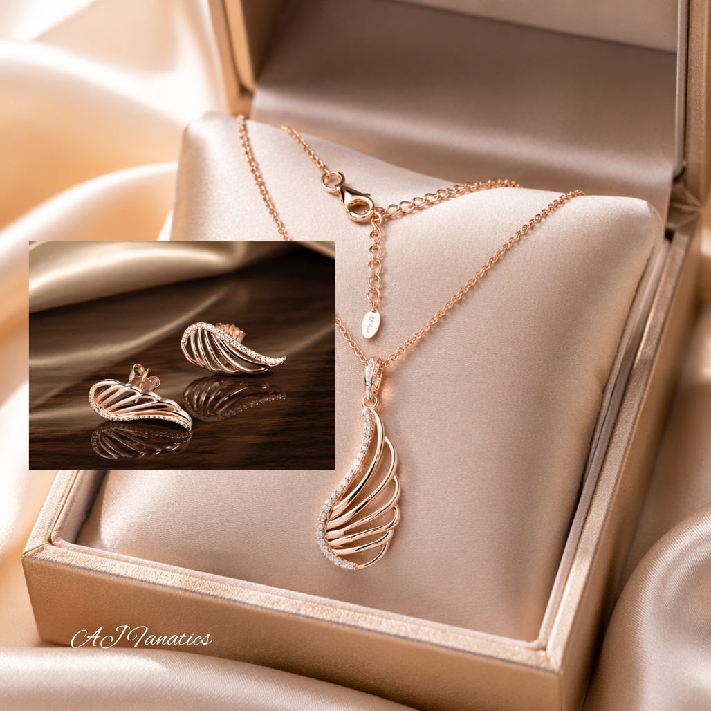 Winged Adorners 925 Silver Gift Set – Rose Gold Necklace & Earrings
